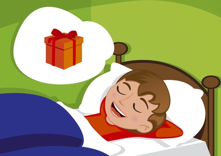cute little boy dreaming about birthday presentのイラスト素材