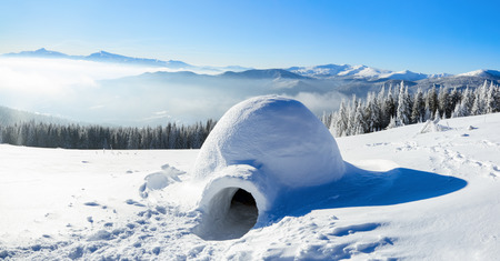 On the snow-covered meadow in the mountains stands a solitary igloo, to which there lead a big trampled trail and many traces on a winter day.の写真素材