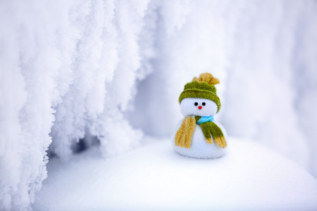 Incredible, beautiful, interesting white snow froze in strange textures, forms and snowflakes, and among all this beauty there is a little snowman in a hat and scarf.の写真素材