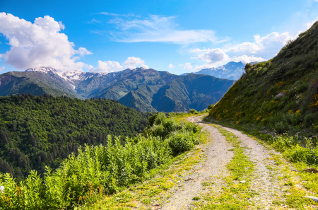 A wide road with a cliff leads down to the high Caucasus mountains covered with green forests on a sunny summer day. Upper Svaneti, Georgia, Europe. Happy lifestyle. Beautiful universe.の写真素材