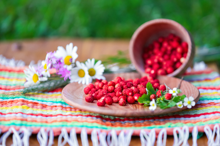 On a striped napkin stands wooden bowl and a cup with wild strawberries near the beautiful flowers with an wheat stalk on the green grass.の写真素材