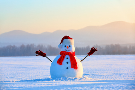 On the white fluffy textured snow alone snowman the friend is standing in nice hat and scarf with red nose. Beautiful winter background.の写真素材