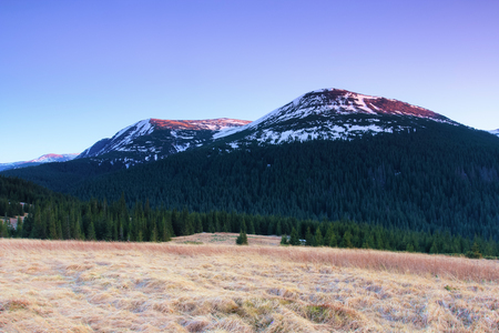 Panoramas with high mountains, the tops of which are covered with snow, forests, a lawn with a dried grass. Tourist resting place, The Carpathians, Chornohora mountain range.の写真素材