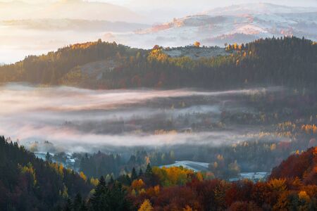 Beautiful autumn rural scenery. Landscape with amazing mountains, fields and forests covered with morning fog. The lawn is enlightened by the sun rays. Touristic place Carpathians, Ukraine, Europe.の写真素材