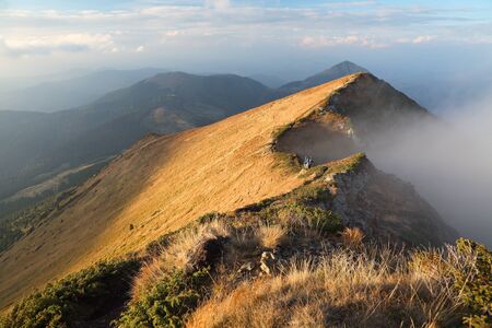 Fascinating view to the landscape with high mountains, fog, rocky crags, lawn with yellow grass,...