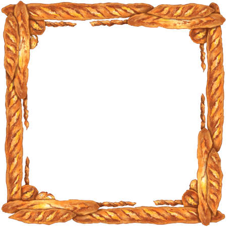 Decorative square frame on white background made of hand drawn illustrations of pastry, baguette and croissants, for web or graphic design of cafe, restaurant, bakery, for sign, invitation, packageの写真素材
