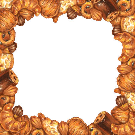 Decorative square frame on white background made of hand drawn illustrations of pastry, bread, baguette, for web or graphic design of cafe, restaurant, bakery, for sign, invitation, packageの写真素材
