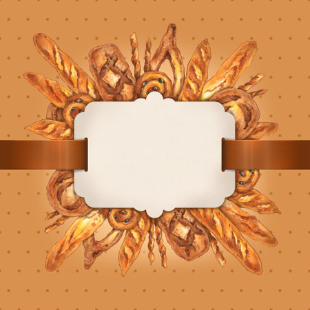 Blank figure label with ribbons with decorative frame made of illustrations of pastry on brown polka dot background for bakery graphic design, menu, cards, web, poster, packageの写真素材