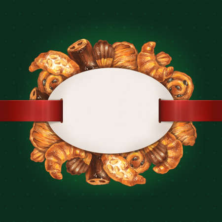 Blank figure label with ribbons with decorative frame made of illustrations of pastry on brown polka dot background for bakery graphic design, menu, cards, web, poster, packageの写真素材