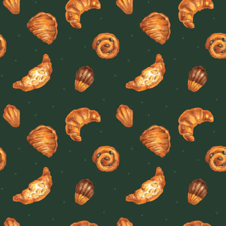 Lovely seamless bakery pattern on green background with isolated elements made of marker sketches of croissants, pastry, bakery for package, decoration, graphic design and webの写真素材