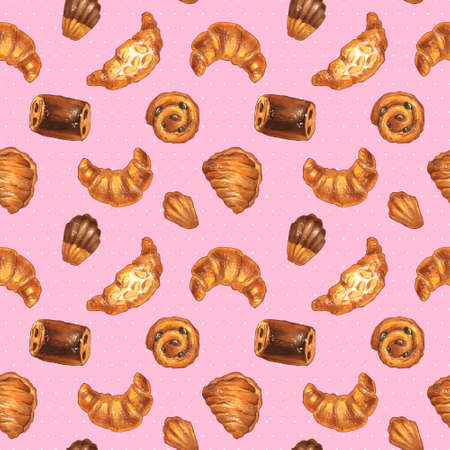 Lovely seamless bakery pattern on rose pink background with isolated elements made of marker sketches of croissants, pastry, bakery for package, decoration, graphic design and webの写真素材