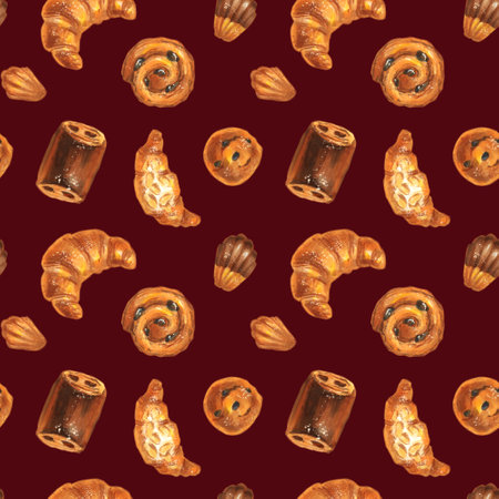 Lovely seamless bakery pattern on dark red background with isolated elements made of marker sketches of croissants, pastry, bakery for package, decoration, graphic design and webの写真素材