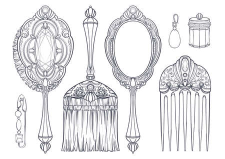 Hand drawn coloring page with set of vintage comb, mirror, perl earring, decorative pin, crystal jar, for illustration, decor, book, postcard, identity, poster, decoration in Marie Antoinette styleの写真素材