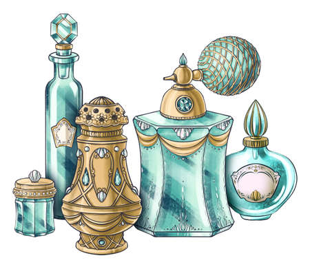 Hand drawn composition of illustrations of vintage jewelry jar, crystal perfume bottles, spray, aroma diffuser for package, book, postcard, identity, poster, decoration in Marie Antoinette styleの写真素材