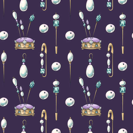 Seamless pattern on dark violet background made of hand drawn illustrations of vintage jewelry, crystal pins, pearls for wallpaper, textile design, identity, package, wrapping paper, decorationの写真素材