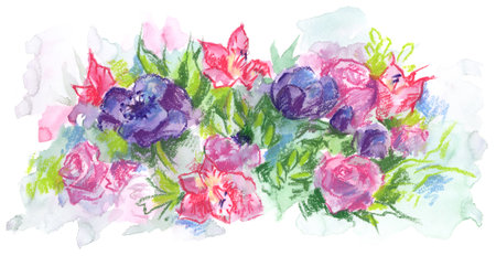 Lovely mixed media pink flowers sketch made with pastel and watercolor for postcards, decoration, graphic and web design, flower shop, poster, wrapping, wallpaper, weddingの写真素材