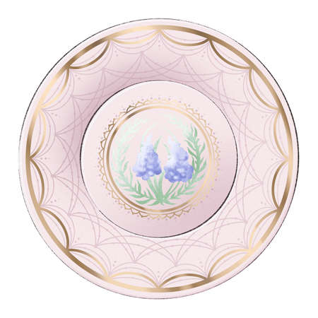 Digitally drawn illustration in cartoon style of vintage porcelain pink plate decorated with golden elements on white background for graphic or web designの写真素材