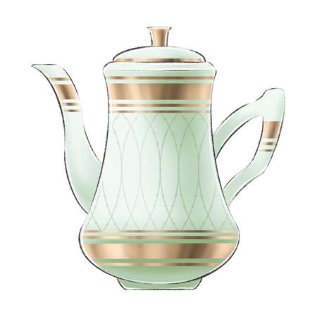 Digitally drawn illustration in cartoon style of vintage porcelain green teapot decorated with golden elements on white background for graphic or web designの写真素材