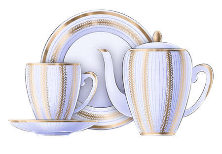 Digitally drawn illustration of violet vintage porcelain teapot, cup and plate, decorated with golden elements on white backgroundの写真素材