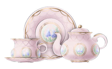 Digitally drawn illustration of pink vintage porcelain teapot, cup and plate, decorated with golden elements on white background for graphic or web designの写真素材