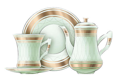 Digitally drawn illustration of green vintage porcelain teapot, cup and plate, decorated with golden elements on white background for graphic or web designの写真素材