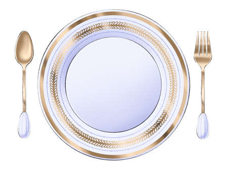 Digitally drawn illustration in cartoon style of vintage tea spoon, violet plate and dessert fork decorated with golden elements on white background for graphic or web designの写真素材