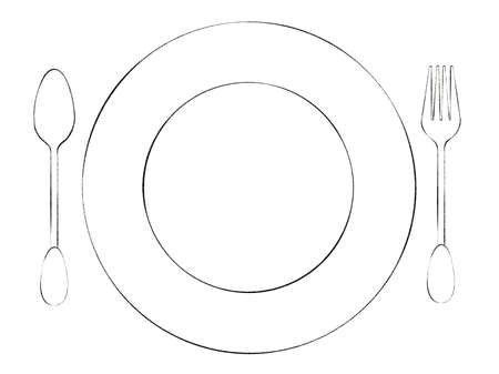Digitally drawn coloring page with illustrations of vintage plate, spoon and fork on white background for graphic or web designの写真素材