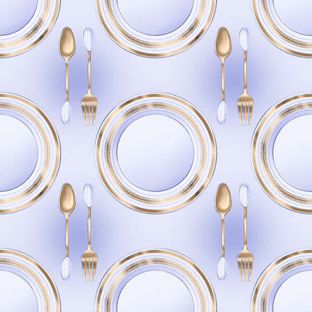 Violet seamless pattern of digitally drawn vintage porcelain plate, spoon and fork, decorated with golden elements on white background for graphic or web design, textile, wrapping paperの写真素材