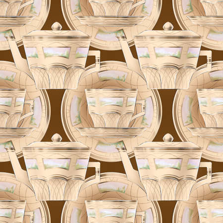 Yellow seamless pattern of digitally drawn vintage porcelain plate, pot and cup, decorated with golden elements on white background for graphic or web design, textile, wrapping paperの写真素材