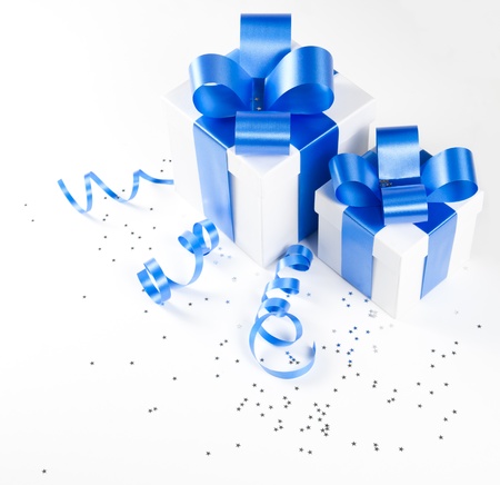 Two gift boxes with blue ribbonsの写真素材