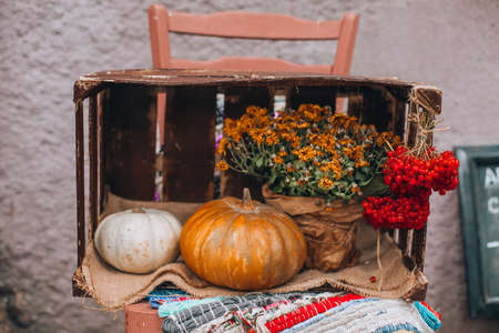 Autumn decoration with pumpkins and flowers at a flower shop on a street, halloween timeの写真素材