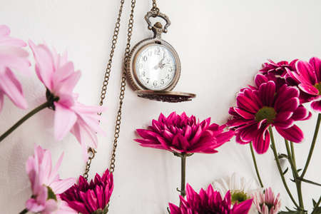 old round vintage watch on a chain among flowers in the interiorの写真素材