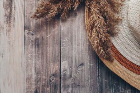 straw brown and beige hat and dry branches of reeds on a wooden background. summer hat with brim. High quality photoの写真素材