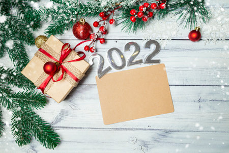 christmas mock up with new year decorations, snowflakes, toys and gift boxes with place for copy text. High quality photoの写真素材