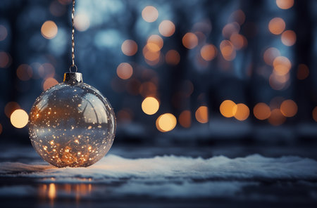 Glass Christmas ball on snow with bokeh lights background. Copy space.の素材