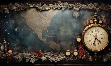Vintage clock on the background of the world map and Christmas decorationsの素材