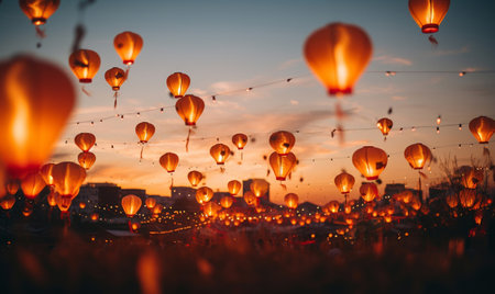 Colorful hot air balloons flying in the sky at Chiang Mai, Thailandの素材