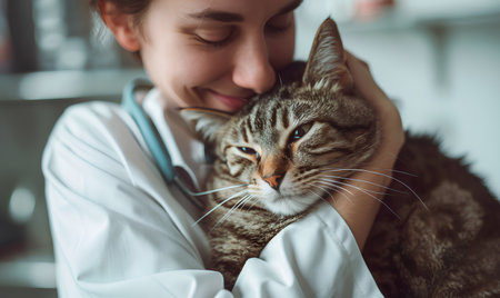 Veterinarian with cat in vet clinic. Animal health care conceptの素材