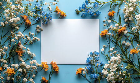 Flowers composition. Frame made of pink flowers on blue background. Flat lay, top view, copy spaceの素材
