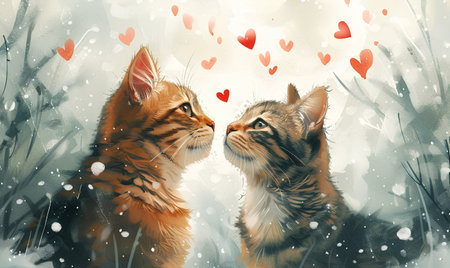 Two cute kittens in winter forest. Valentines day greeting card.の素材