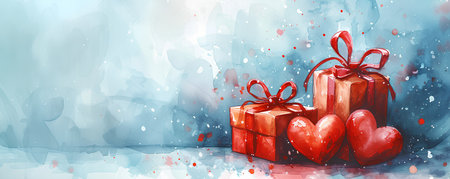 Valentine's day background with gift boxes and red hearts.の素材