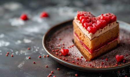 Piece of cake with raspberries on a dark concrete backgroundの素材