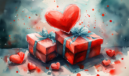 Valentine's day background with gift boxes, hearts and watercolorの素材