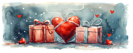 Valentines day greeting card with gift boxes and hearts. Vector illustration.の素材