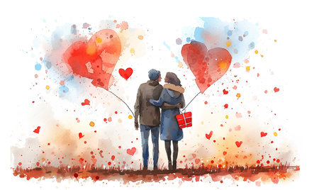 Couple in love with red heart balloons on a white background.の素材