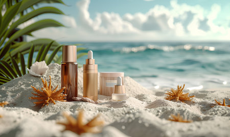 Cosmetics on the sand against the background of the sea. 3d renderingの素材