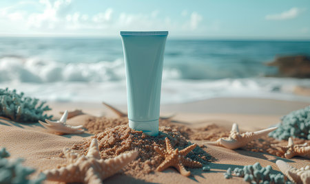 Sunscreen cream on the beach with starfishes and sea shellsの素材