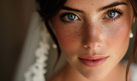 Beautiful bride in her wedding day. Close-up portrait of a beautiful young woman with blue eyesの素材