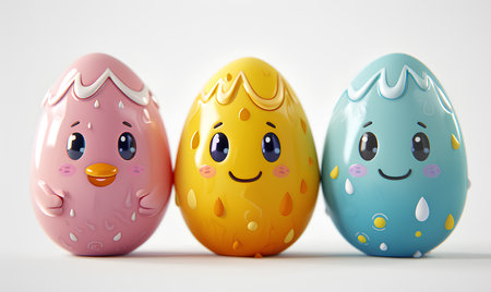 Easter eggs with cute faces isolated on white background. 3d illustrationの素材