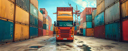 Truck and container at the docks. Logistics and transportation concept.の素材